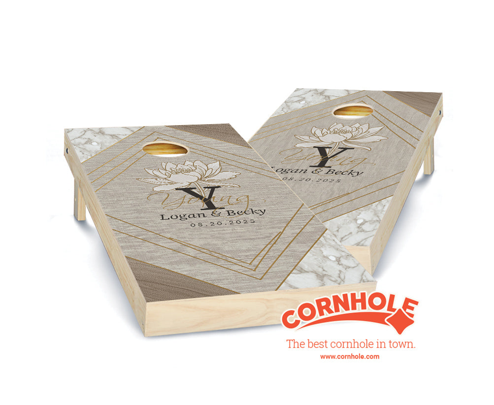"Beige Marble Canvas Flower Wedding" Cornhole Boards