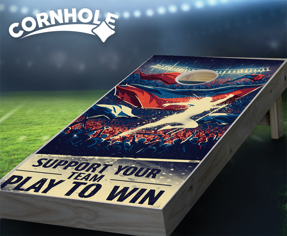 "Support Your Team - Play to Win. Red, White & Blue" Cornhole Boards