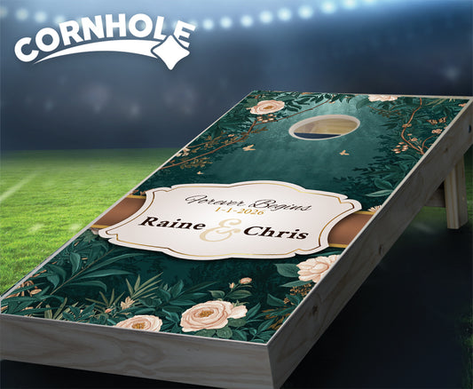 "Forever Begins Here - Peach Rose Forest" Cornhole Boards