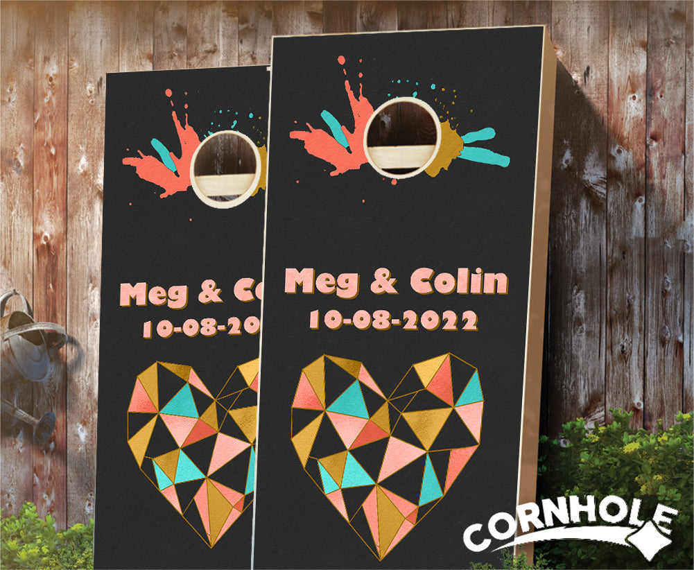"Geometric Heart & Color Splash" Cornhole Boards