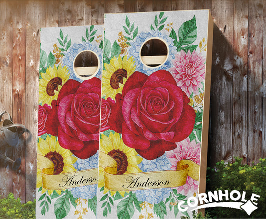 "Rose Sunflower Pansies Couple" Cornhole Boards