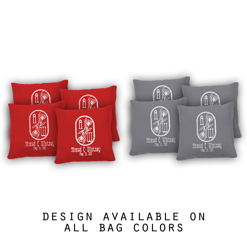 "Bride and Groom Date Rose Monogram" Cornhole Bags - Set of 8