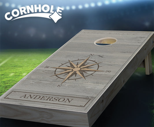 "Gray Wood Compass Rose" Cornhole Boards