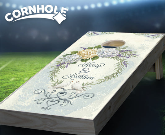 "Lilac Rosemary Wreath & Doves" Cornhole Boards