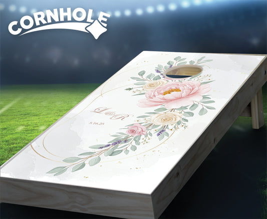 "Subtle Initials & Date with Rose Accent" Cornhole Boards